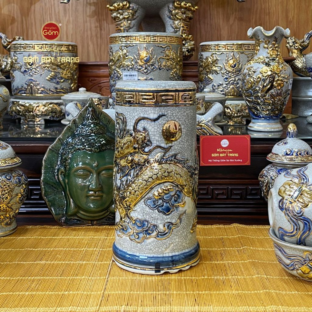 Ống Hương Thờ Kim Long Chầu Nhật Men Rạn Vẽ Vàng