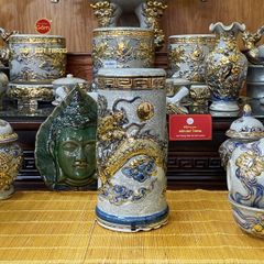 Ống Hương Thờ Kim Long Chầu Nhật Men Rạn Vẽ Vàng