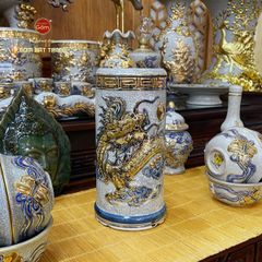 Ống Hương Thờ Kim Long Chầu Nhật Men Rạn Vẽ Vàng