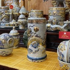 Ống Hương Thờ Kim Long Chầu Nhật Men Rạn Vẽ Vàng
