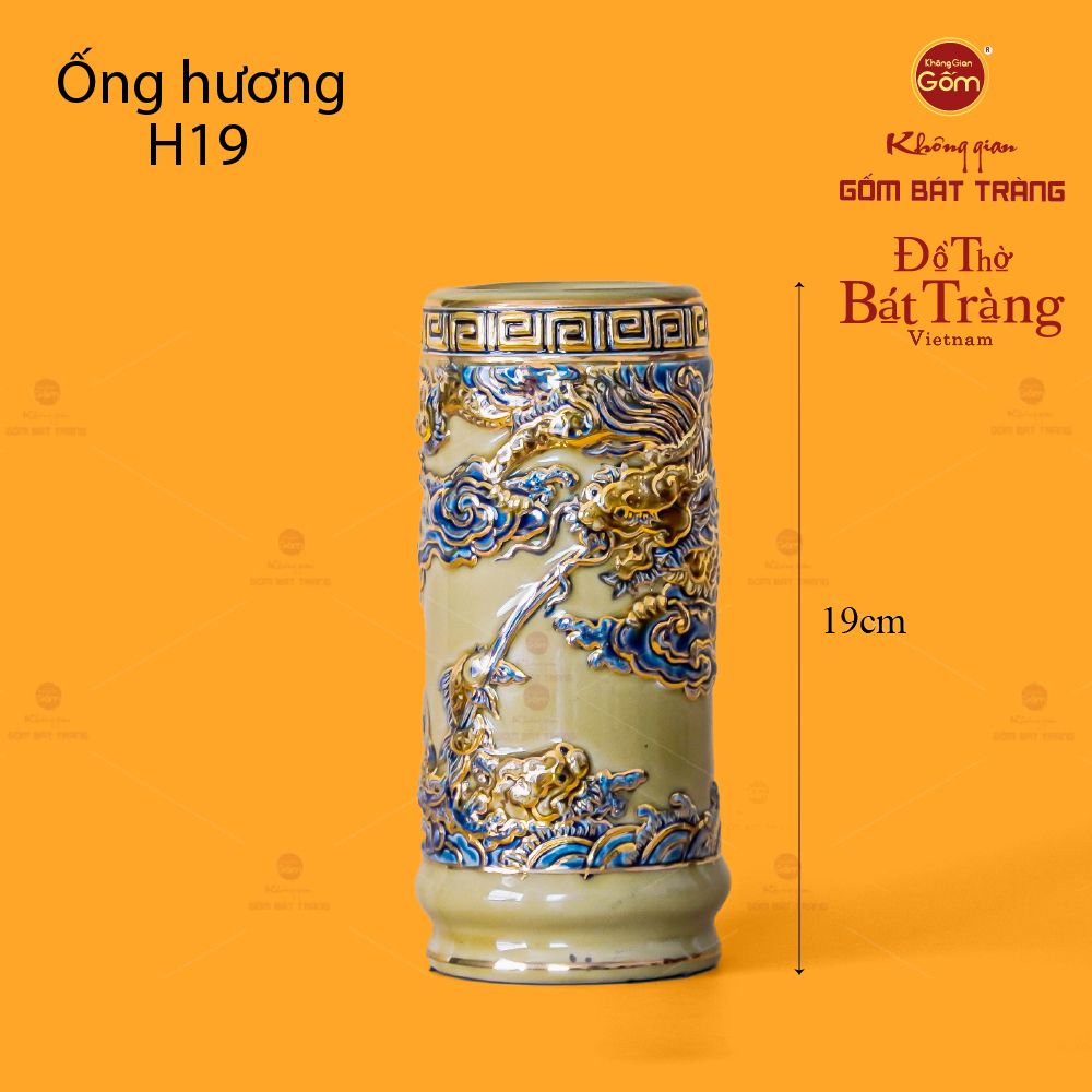 Ống Hương Thờ Men Hoàng Tộc Vẽ Vàng Họa Tiết Cá Chép Hóa Rồng