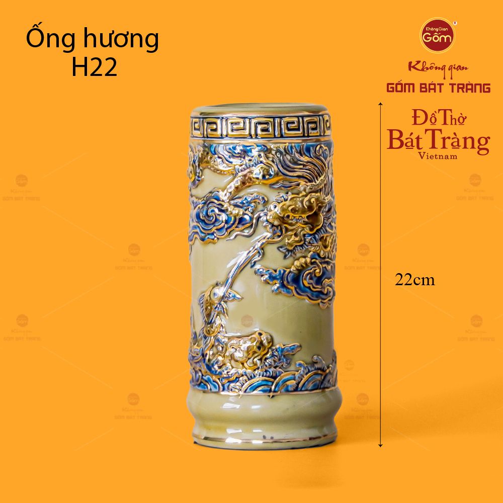 Ống Hương Thờ Men Hoàng Tộc Vẽ Vàng Họa Tiết Cá Chép Hóa Rồng