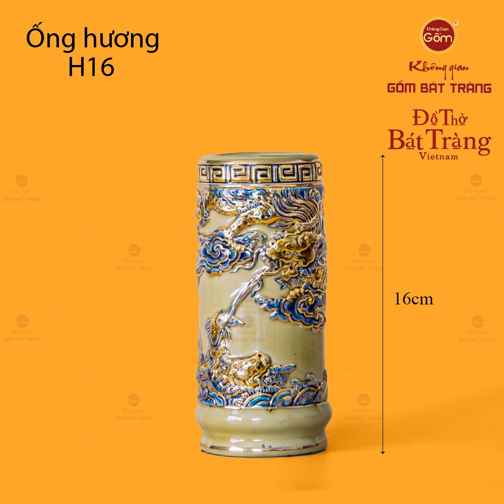 Ống Hương Thờ Men Hoàng Tộc Vẽ Vàng Họa Tiết Cá Chép Hóa Rồng