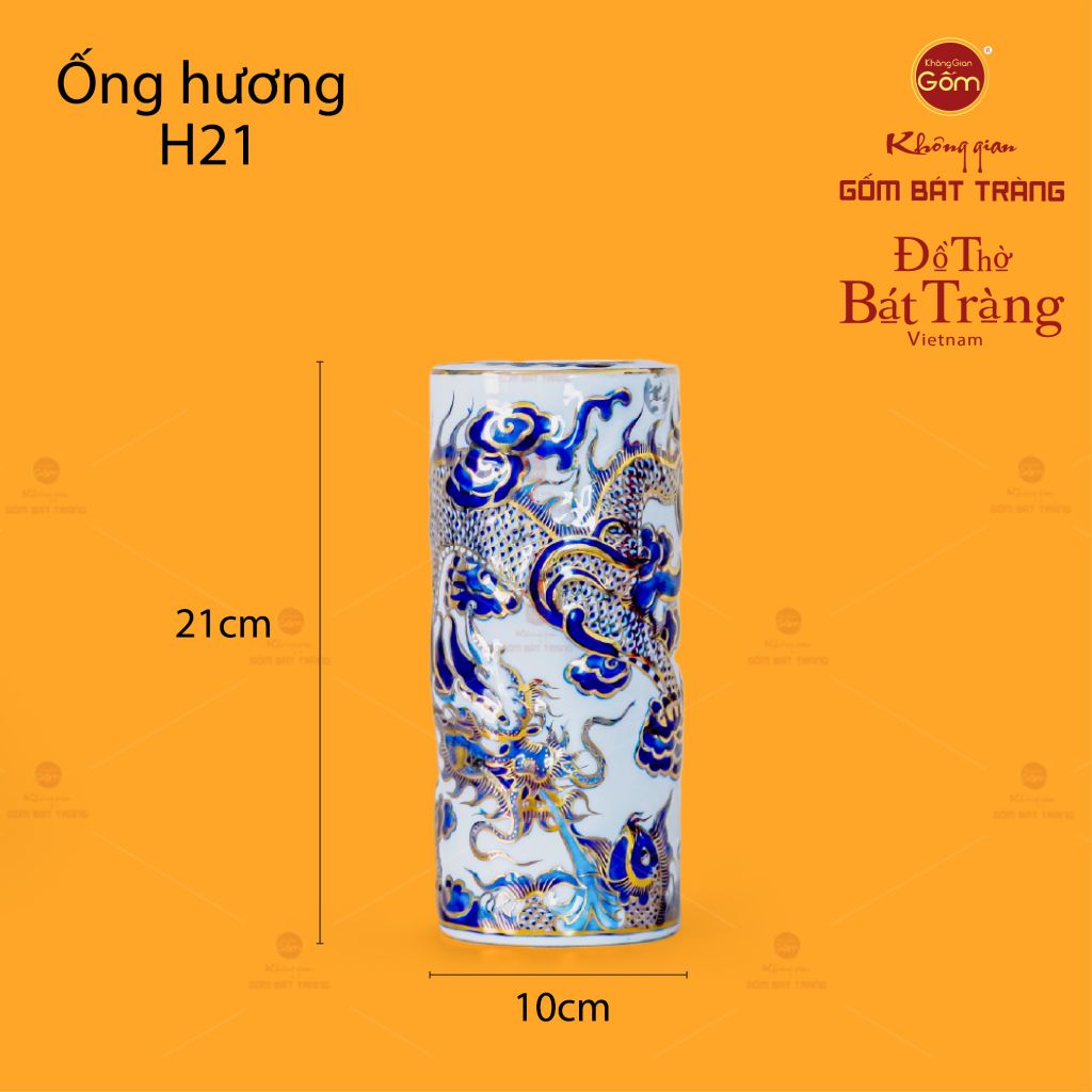 Ống Hương Thờ Men Lam Nổi Kim Long Vẽ Vàng