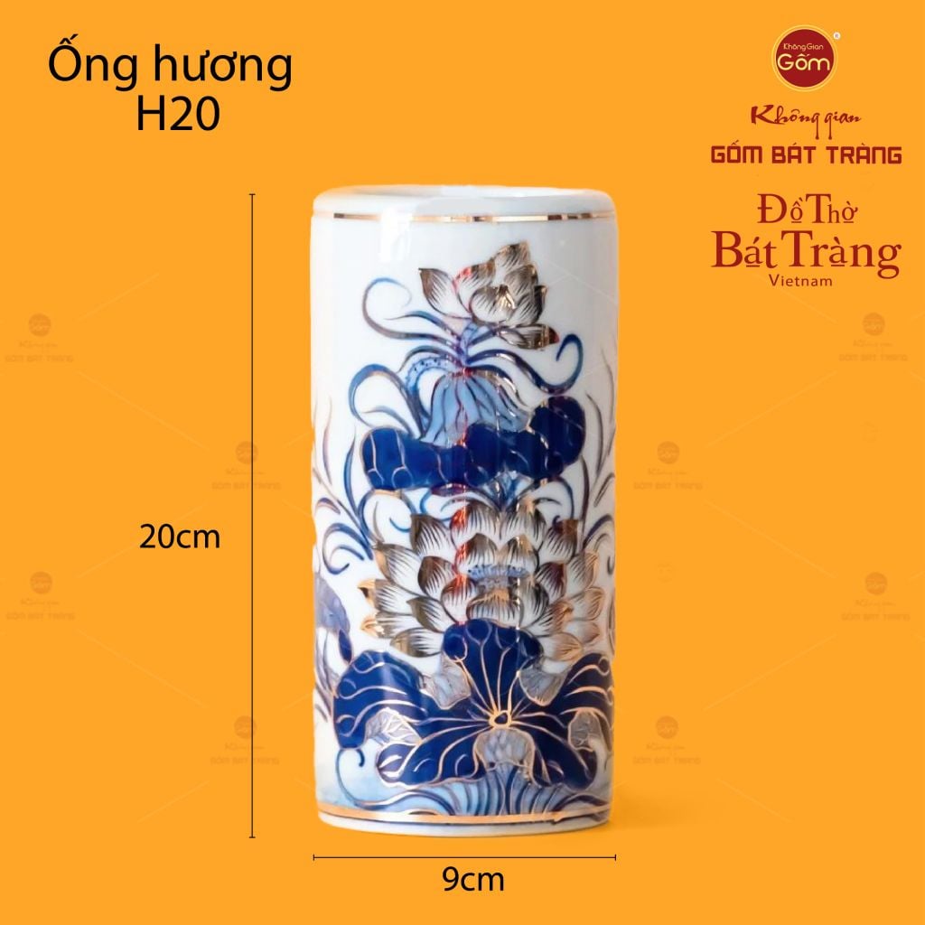 Ống Hương Thờ Men Lam Vẽ Vàng Họa Tiết Hoa Sen