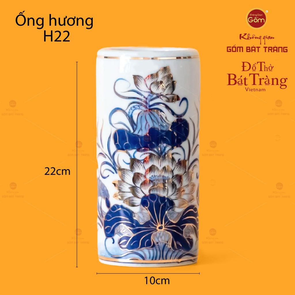 Ống Hương Thờ Men Lam Vẽ Vàng Họa Tiết Hoa Sen