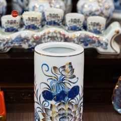 Ống Hương Thờ Men Lam Vẽ Vàng Họa Tiết Hoa Sen