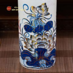 Ống Hương Thờ Men Lam Vẽ Vàng Họa Tiết Hoa Sen