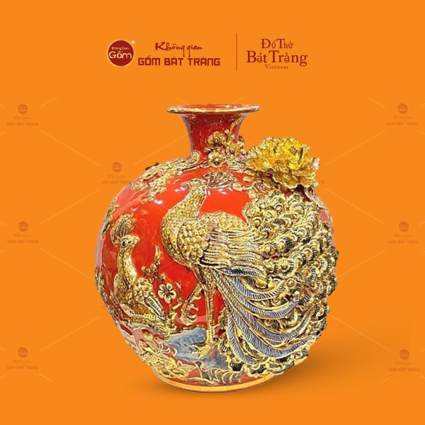 Quả Hút Lộc Men Đỏ Đắp Nổi Vẽ Vàng Công Đào