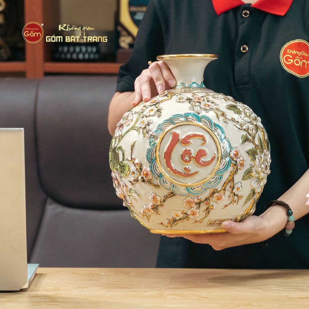 Quả Hút Lộc Men Rạn Trắng Vẽ Vàng Phúc Lộc Thọ