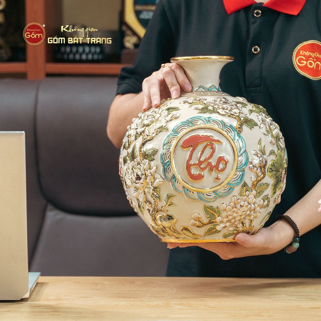 Quả Hút Lộc Men Rạn Trắng Vẽ Vàng Phúc Lộc Thọ