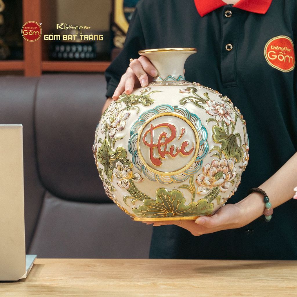 Quả Hút Lộc Men Rạn Trắng Vẽ Vàng Phúc Lộc Thọ
