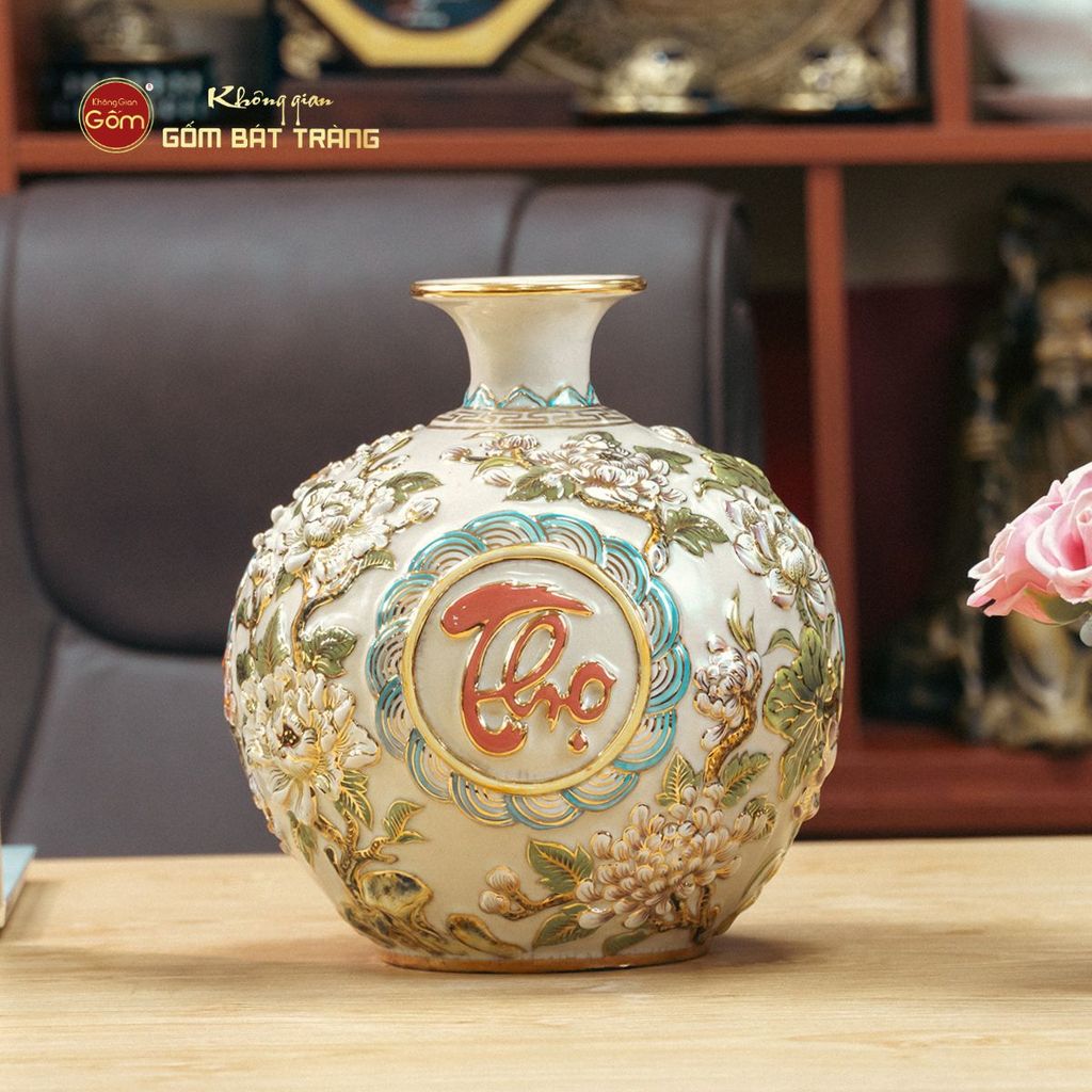 Quả Hút Lộc Men Rạn Trắng Vẽ Vàng Phúc Lộc Thọ