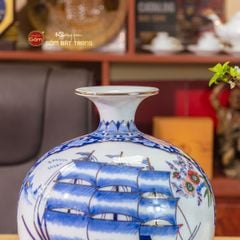 Quả Hút Lộc Men Lam Vẽ Vàng Nhị Cảnh Én Đào Thuận Buồm