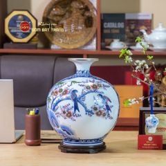 Quả Hút Lộc Men Lam Vẽ Vàng Nhị Cảnh Én Đào Thuận Buồm