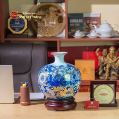 Quả Hút Lộc Men Lam Vẽ Vàng Phúc Lộc Thọ
