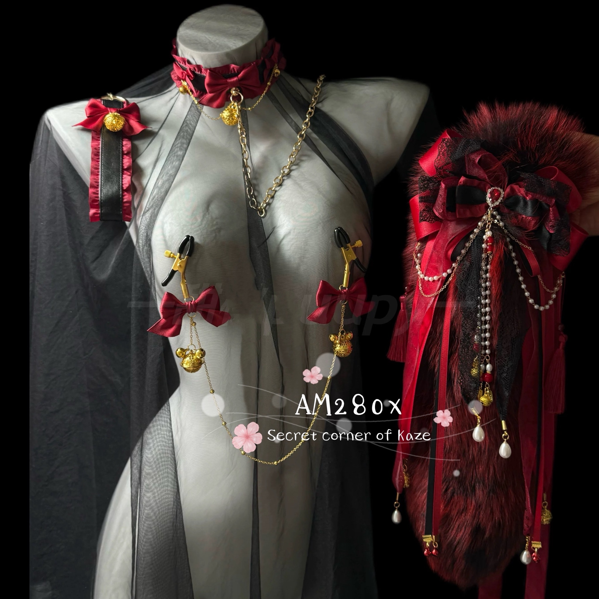 Set kẹp núm, đuôi choker dây dắt BDSM cosplay hồ ly AM280x