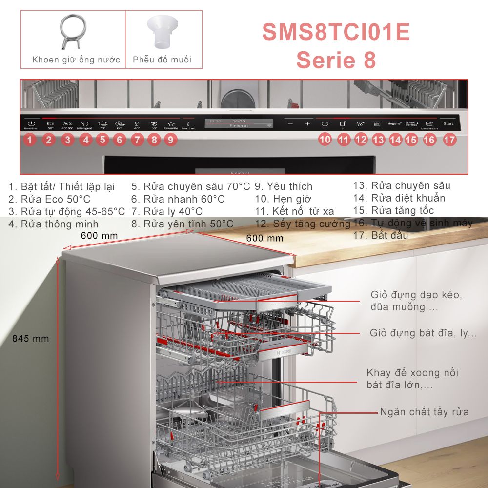 Máy Rửa Bát Độc Lập Bosch SMSTCI01E – Giải Pháp Hoàn Hảo Cho Bếp Hiện Đại