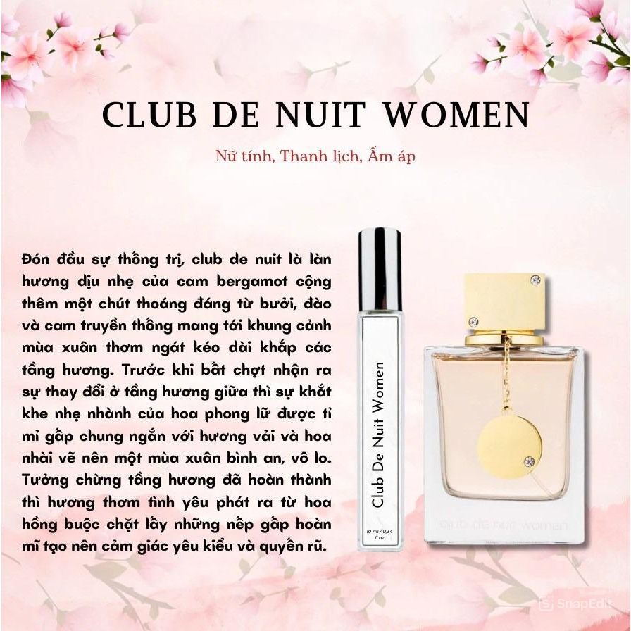 Nước Hoa Nữ Club De Nuit Women, Nước Hoa Chiết Mùi Hương Quyến Rũ 10ml Dạng Xịt