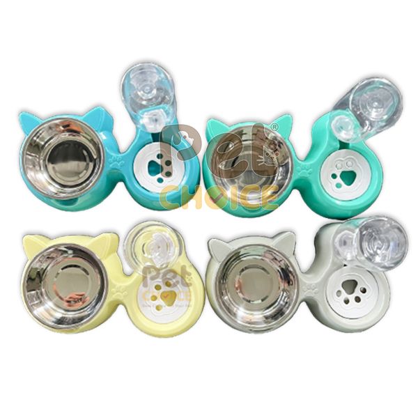 Bát chén ăn hai ngăn hình tai mèo kèm chén inox và bình uống tự động cho chó mèo