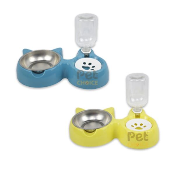 Bát chén ăn hai ngăn hình tai mèo kèm chén inox và bình uống tự động cho chó mèo