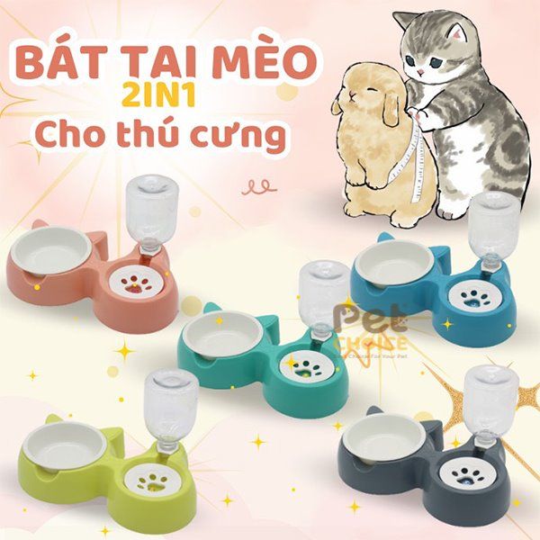 Bát ăn hai ngăn hình tai mèo kèm chén nhựa và bình uống tự động cho chó mèo