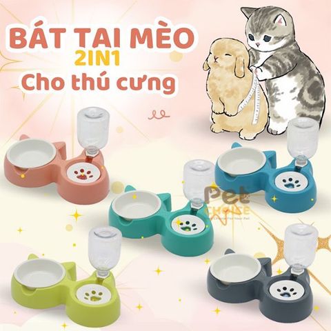 Bát ăn hai ngăn hình tai mèo kèm chén nhựa và bình uống tự động cho chó mèo