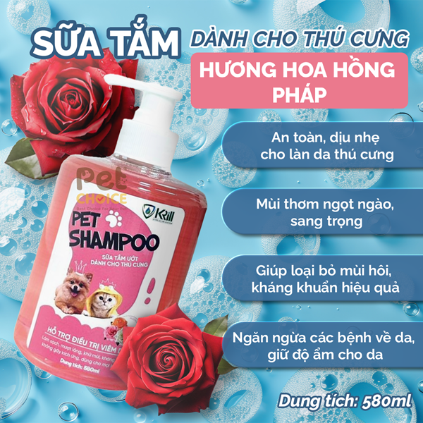 Sữa tắm cho chó mèo Krill dưỡng lông lưu hương khử mùi hôi chai 580ml
