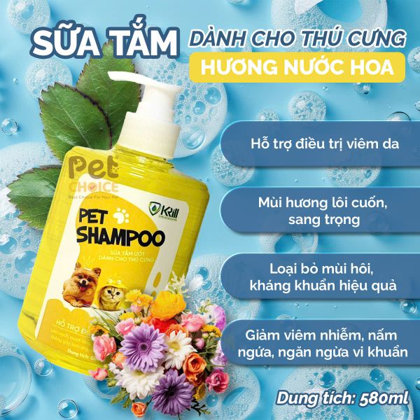 Sữa tắm cho chó mèo Krill dưỡng lông lưu hương khử mùi hôi chai 580ml