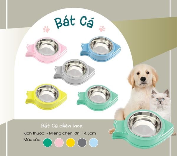 Bát ăn uống đơn hình cá kèm chén inox dành cho chó mèo
