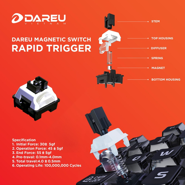 Bàn phím cơ Gaming DAREU EK75 RT Rapid Trigger (RGB, PBT Double Shot CHERRY profile, DareU Magnetic sw)