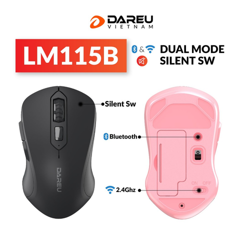Chuột không dây DAREU LM115B (Dual Mode: Bluetooth + 2.4G – Silent SW)