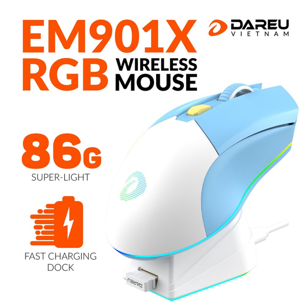 Chuột không dây Gaming DAREU EM901X RGB (BLACK / PINK / BLUE-WHITE) - SUPERLIGHT, FAST CHARING DOCK