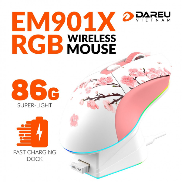 Chuột không dây Gaming DAREU EM901X RGB (BLACK / PINK / BLUE-WHITE) - SUPERLIGHT, FAST CHARING DOCK