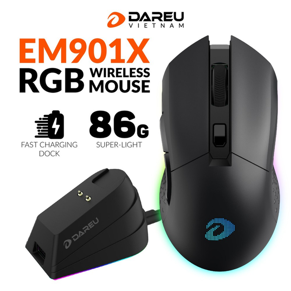 Chuột không dây Gaming DAREU EM901X RGB (BLACK / PINK / BLUE-WHITE) - SUPERLIGHT, FAST CHARING DOCK