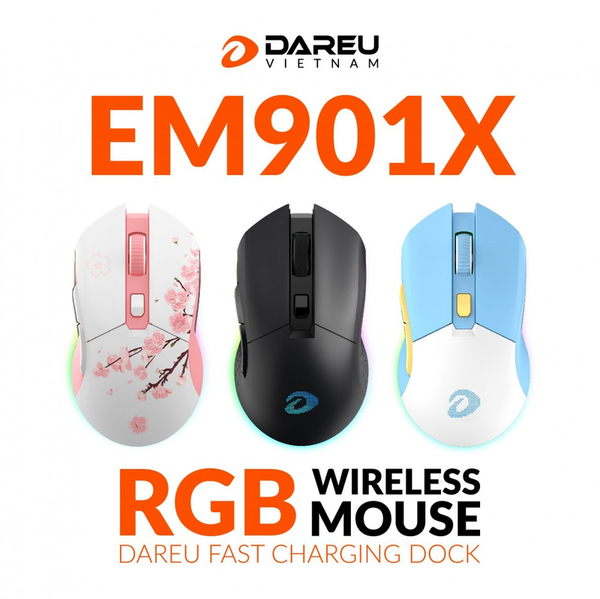 Chuột không dây Gaming DAREU EM901X RGB (BLACK / PINK / BLUE-WHITE) - SUPERLIGHT, FAST CHARING DOCK