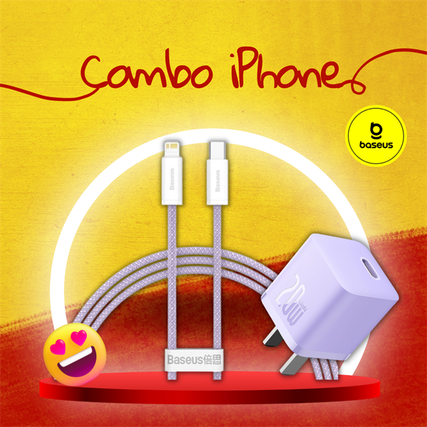 Combo cho iPhone Cốc sạc GaN5 và Cáp Sạc Dynamic Series C to iP 20W (Bộ màu tím, chân cắm dẹp)