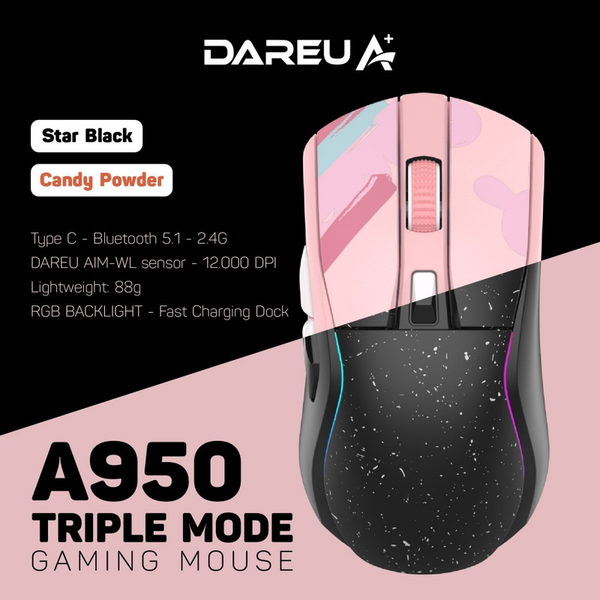 Chuột không dây Gaming DAREU A950 TRIPLE MODE (BLACK / PINK) - SUPERLIGHT, FAST CHARING DOCK