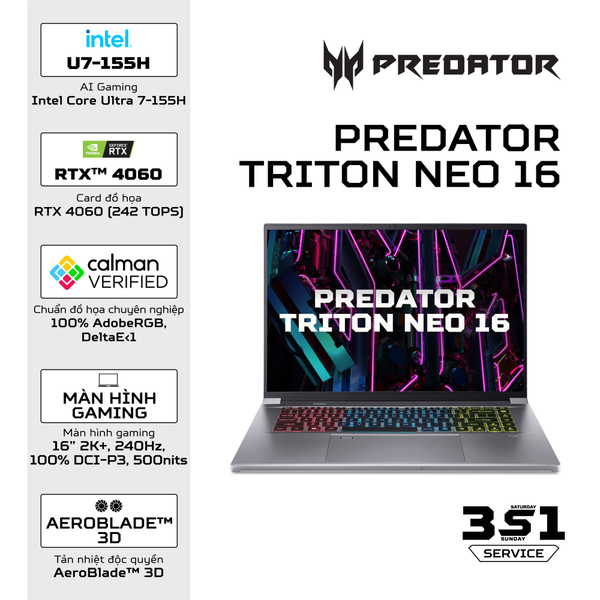 Laptop Acer Predator Triton Neo 16 N24Q2 PTN16-51-78JQ Ultra 7 155H | 32GB | 2TB SSD | RTX4060/8GB | 16
