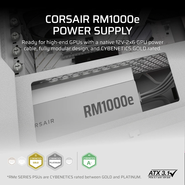 Nguồn máy tính Corsair RM1000e White ATX 3.1 Cybenetics Gold - Full Modul CP-9020294-NA