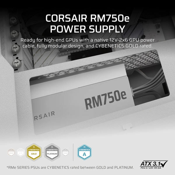 Nguồn máy tính Corsair RM750e White ATX 3.1 Cybenetics Gold - Full Modul CP-9020292-NA