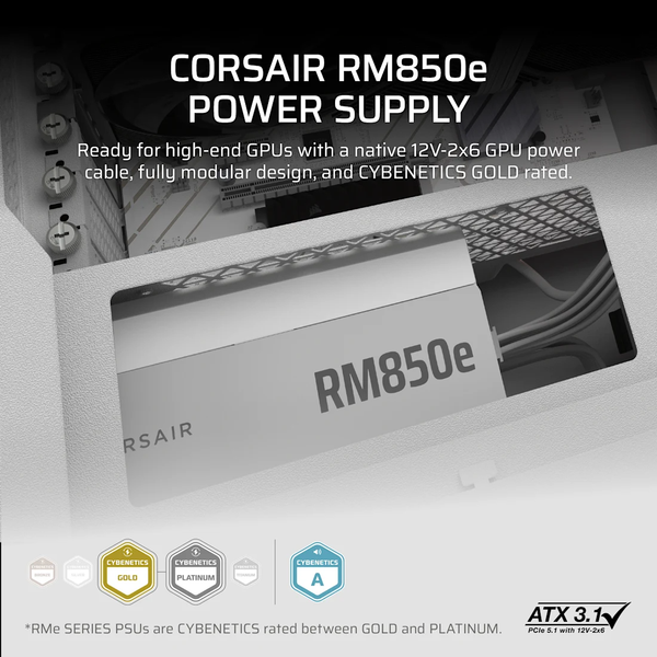 Nguồn máy tính Corsair RM850e White ATX 3.1 Cybenetics Gold - Full Modul CP-9020293-NA