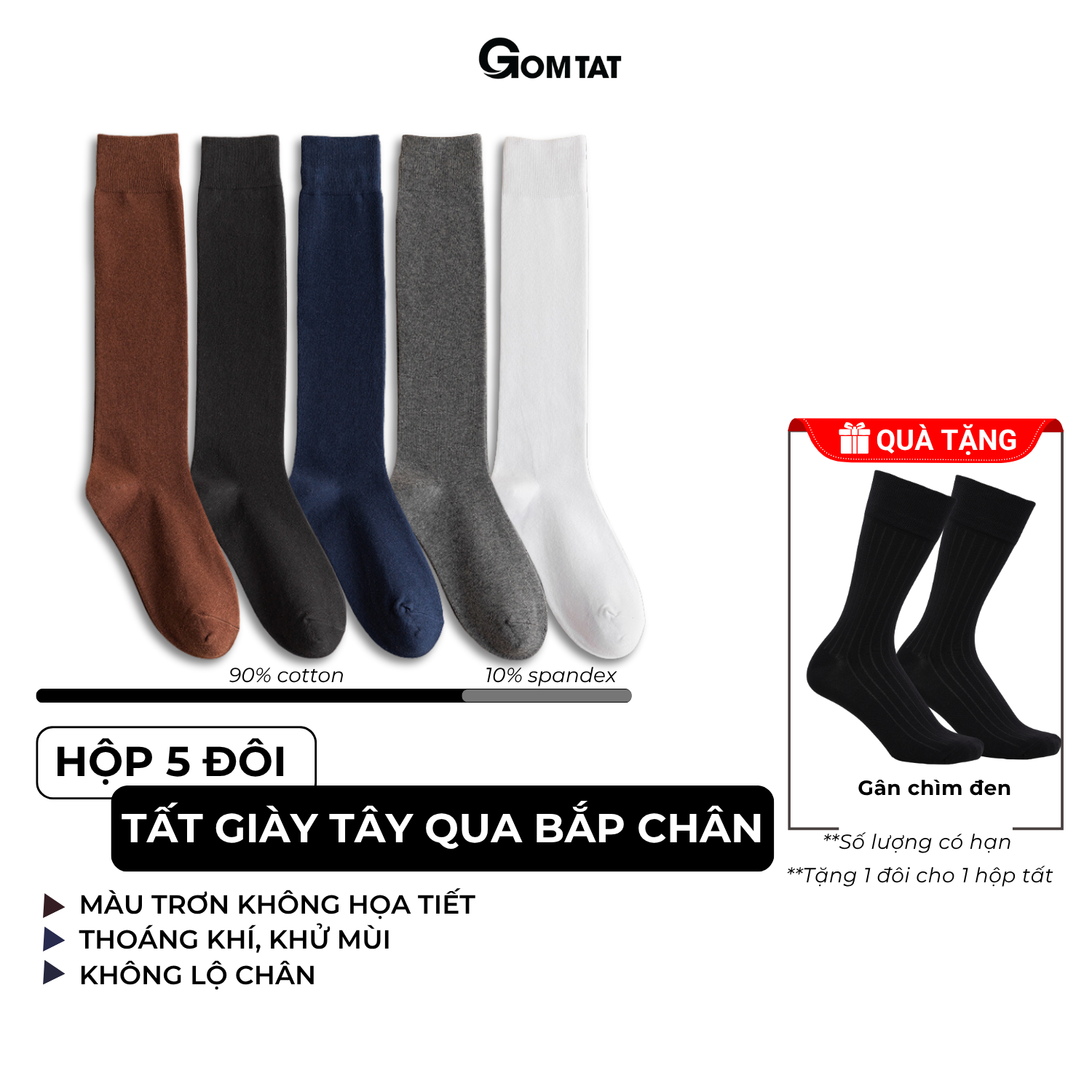 Hộp 5 đôi tất dài nam đi giày tây GOMTAT cao gần gối, chất liệu cotton cao cấp hút ẩm khử mùi - HOT-1804-CB5