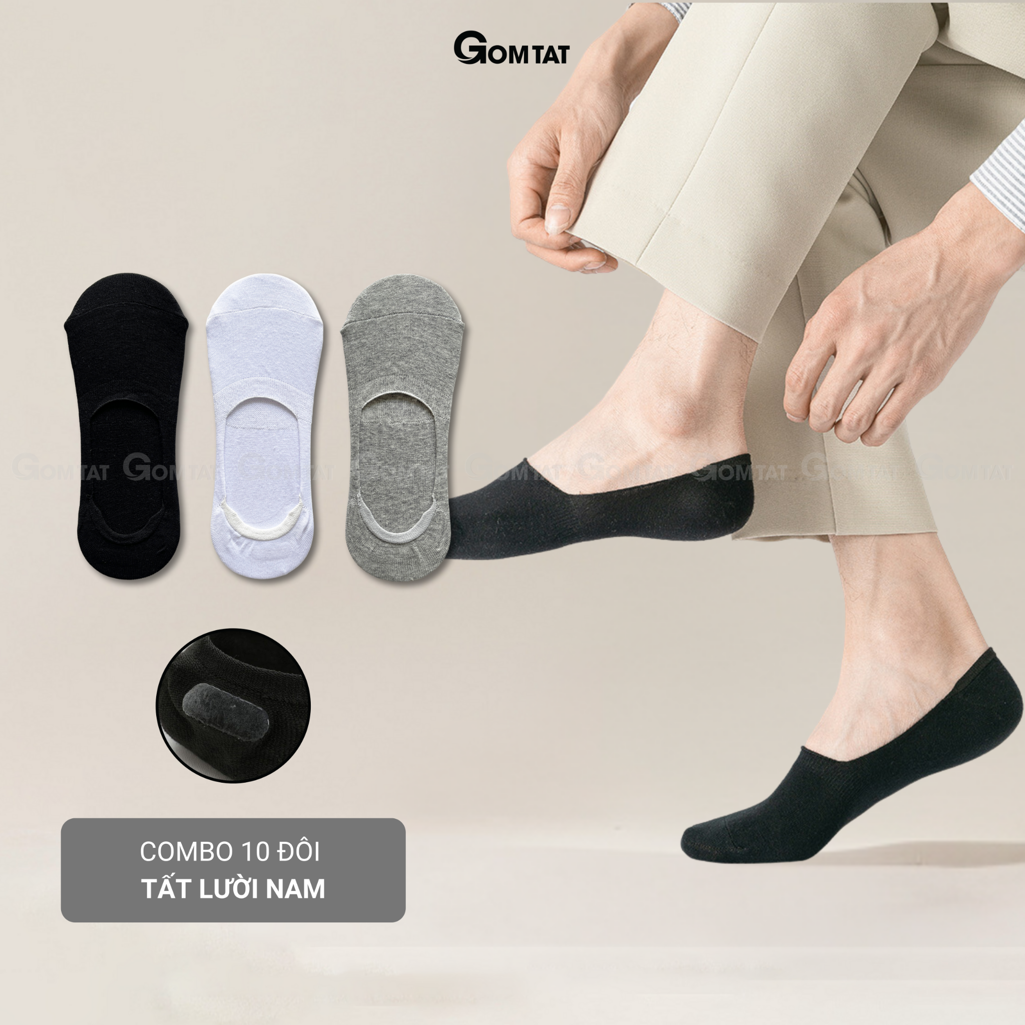 Combo 10 đôi tất vớ nam mang giày lười GOMTAT, vải cotton thoáng mát, có đệm cao su chống trượt gót - TAT-LUOI-02-CB10