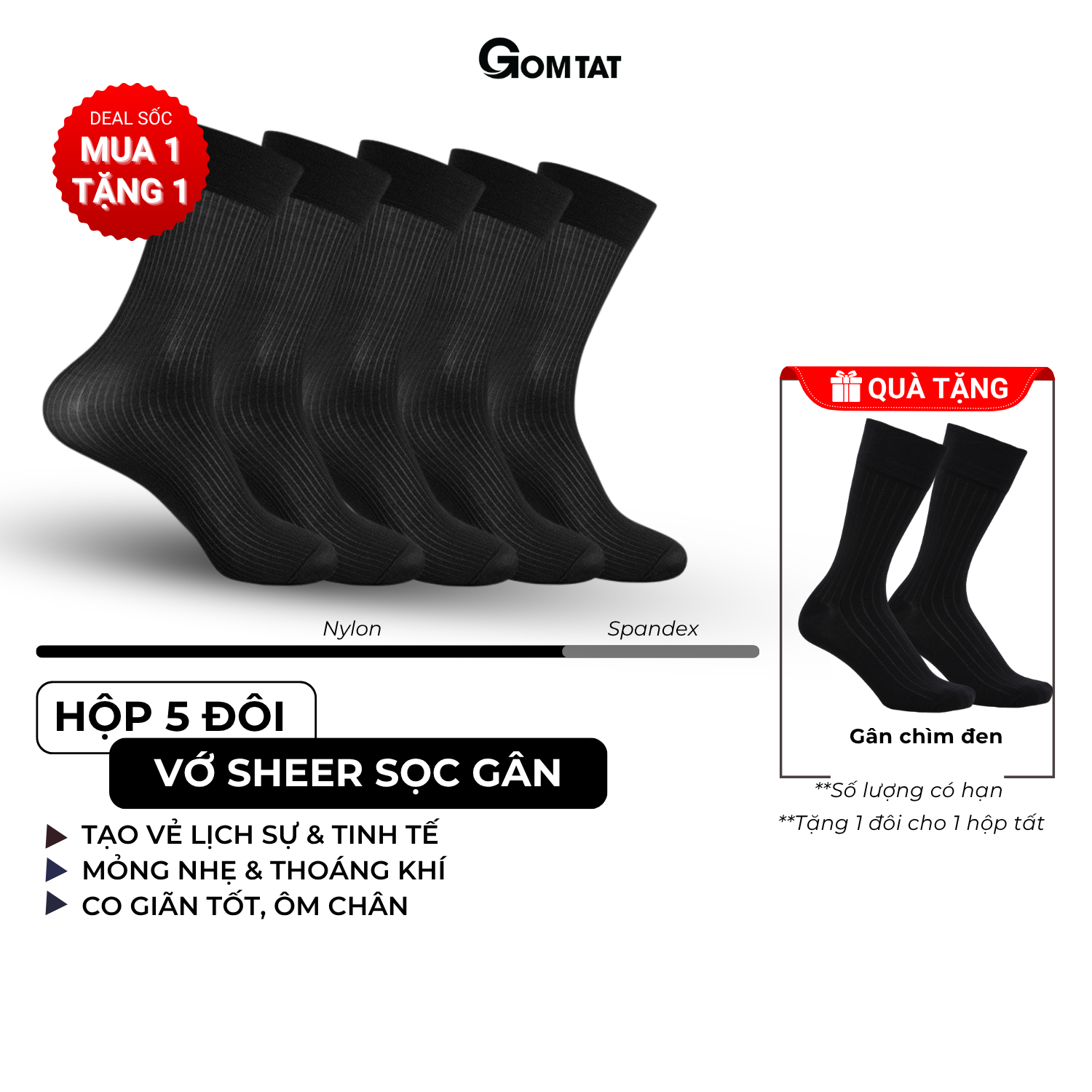 Hộp 5 đôi vớ công sở nam GOMTAT, tất nam đi giày tây chất liệu sợi nylon cao cấp, vớ cổ cao nam họa tiết sọc gân xuyên thấu, mềm mịn êm chân, Menswear - D16-A094-CB5