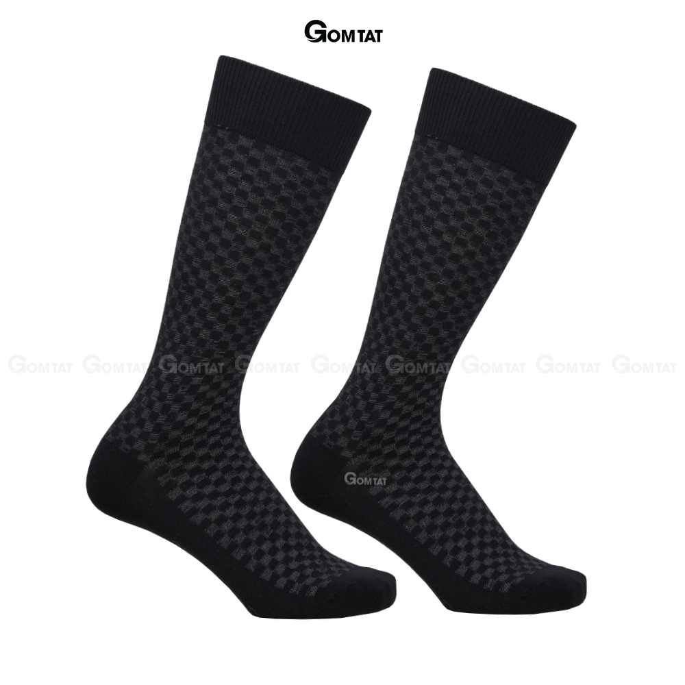 Tất đi giày tây nam GOMTAT màu đen sọc caro xám, vớ nam cổ cao 27cm chất liệu cotton cao cấp thoáng mát êm chân, tất nam cao cổ, vớ nam công sở Menswear - GOM-TAY12-DENCAROXAM