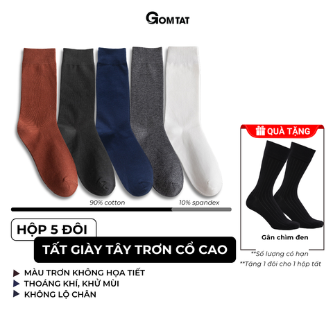  Hộp 5 đôi tất trơn nam cổ cao công sở GOMTAT cao cấp đi giày tây, sợi cotton hút ẩm - HOT-1803-CB5 