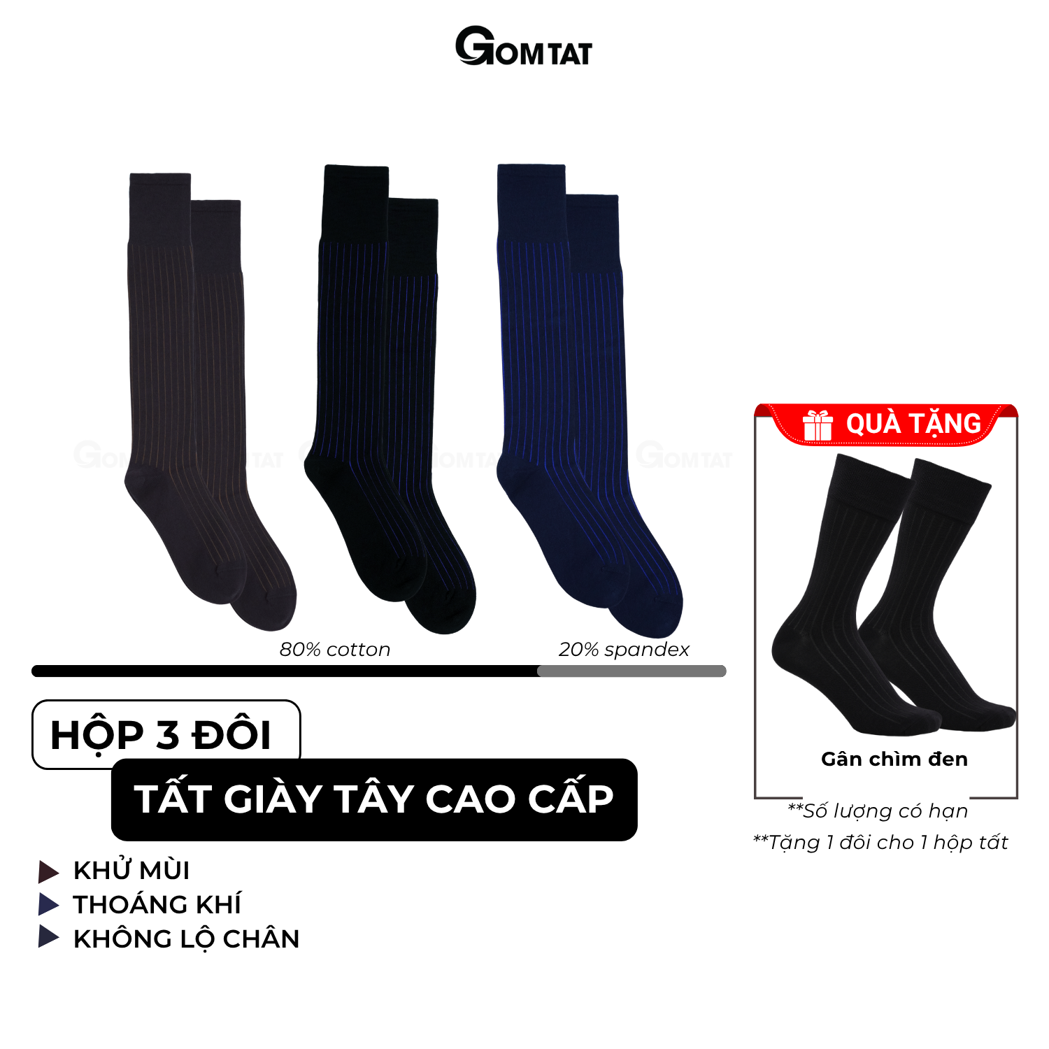 Hộp 3 đôi tất nam công sở GOMTAT cao cấp, chất liệu cotton mềm mịn, khử mùi thoáng khí êm chân - IHE-2201-CB3