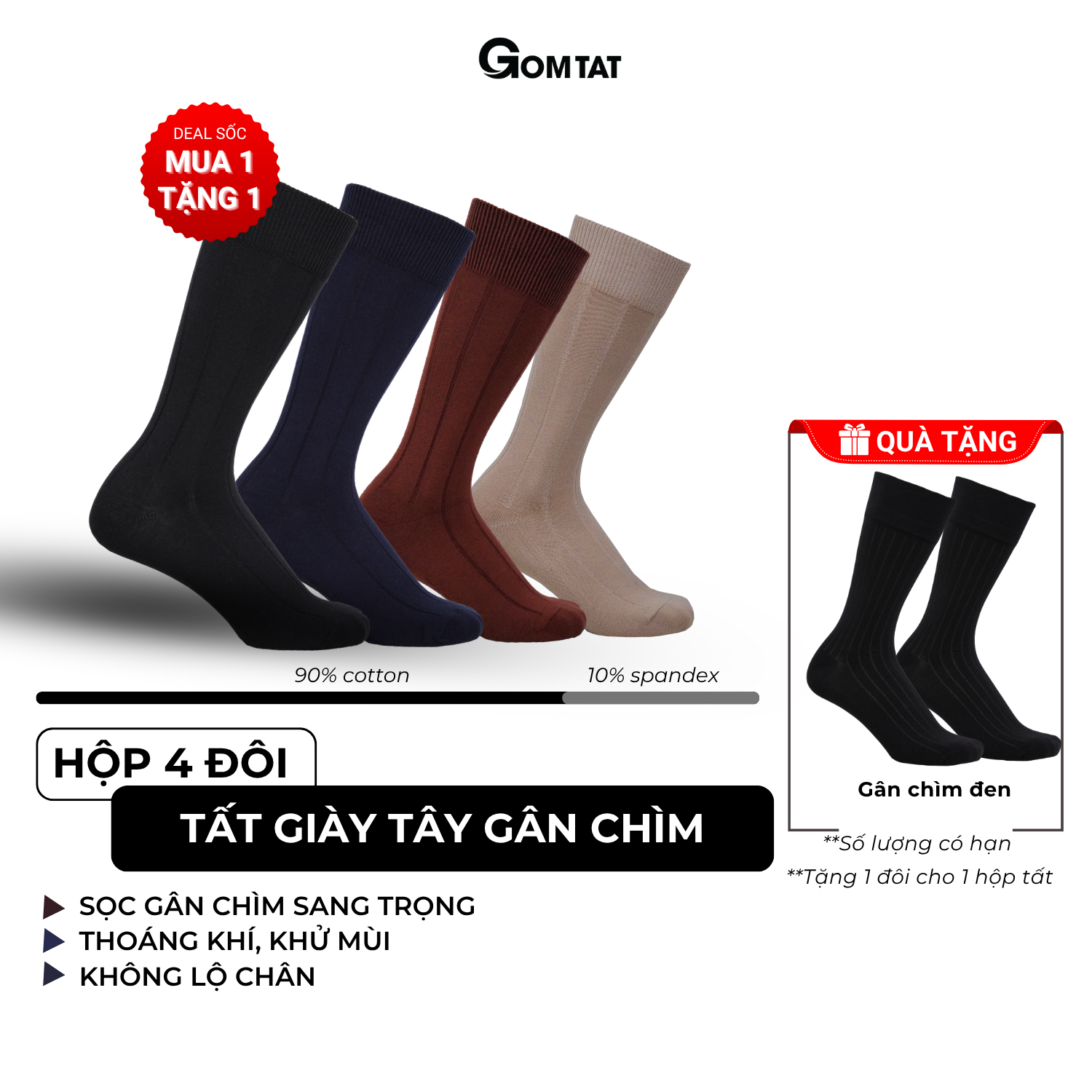 Hộp 4 đôi tất công sở GOMTAT, chất liệu cotton thoáng mát, êm chân - GOM-MIX09-CB4