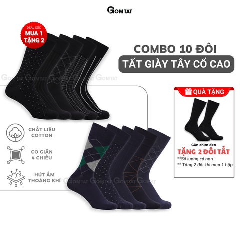  Hộp 10 đôi tất nam đi giày tây GOMTAT màu xanh và đen, vớ công sở nam cổ cao chất liệu cotton cao cấp - GOM-MIX17-CB10 